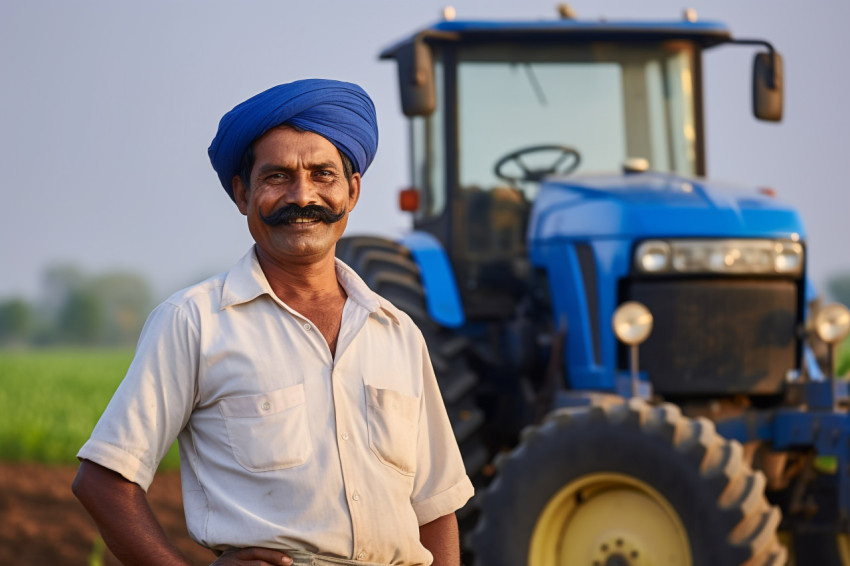 Happy Indian farmer with mustache standing in front of blue tractor