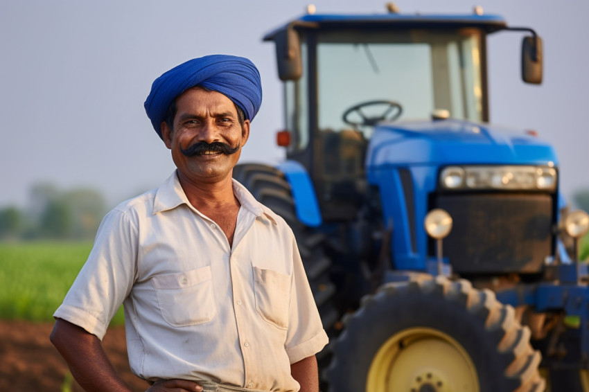 Happy Indian farmer with mustache standing in front of blue tractor Happy Indian farmer with mustache standing in front of blue tractor