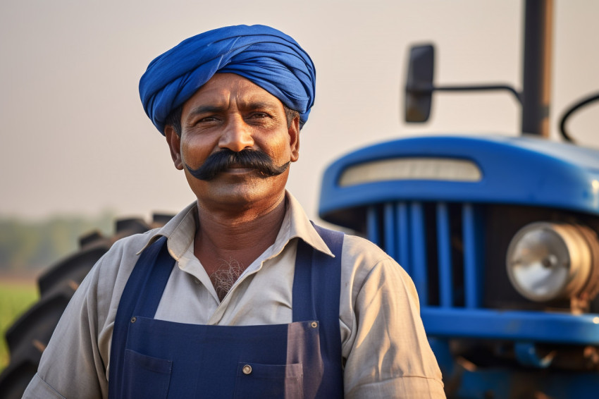 Happy Indian farmer with mustache standing in front of blue tractor