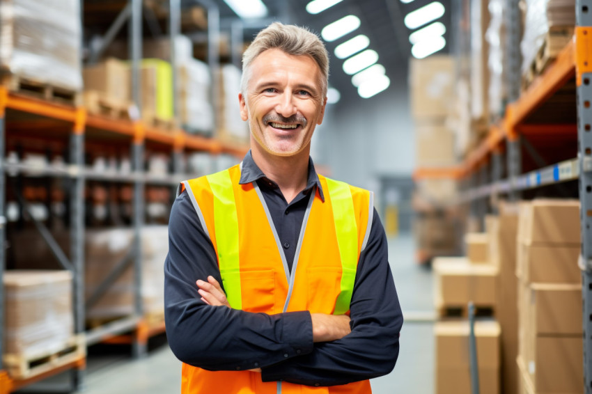 Smiling factory worker at work on blured background Smiling factory worker at work on blured background