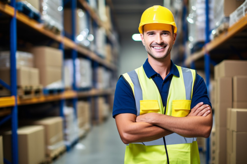 Smiling factory worker at work on blured background Smiling factory worker at work on blured background