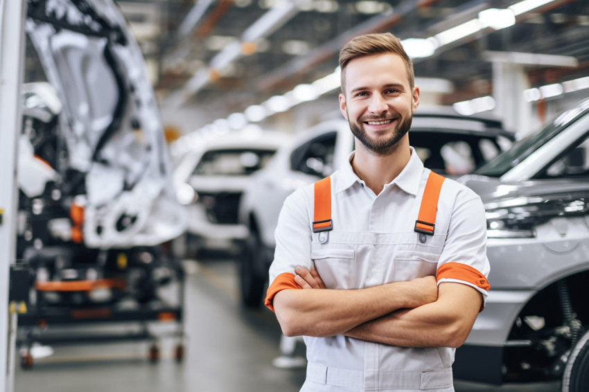 Car factory engineer smiling at work on blured background Car factory engineer smiling at work on blured background