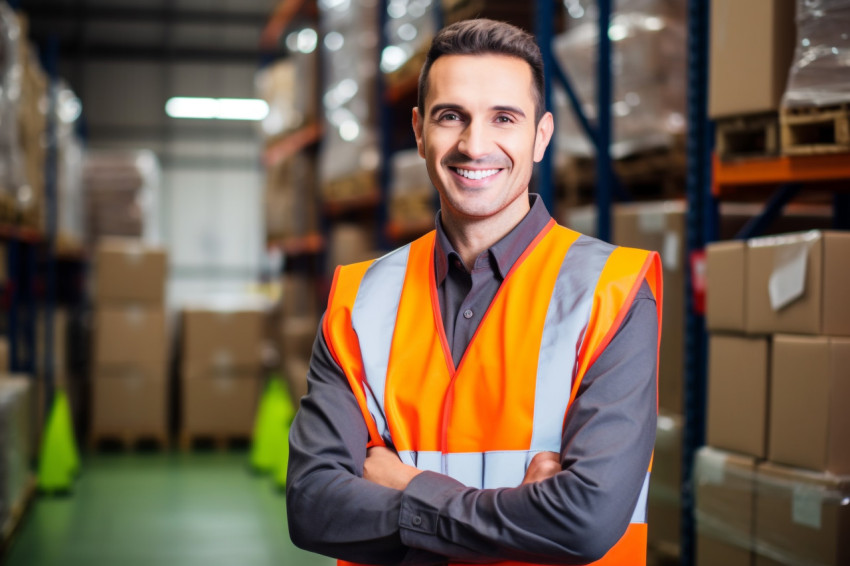 Smiling factory worker at work on blured background Smiling factory worker at work on blured background