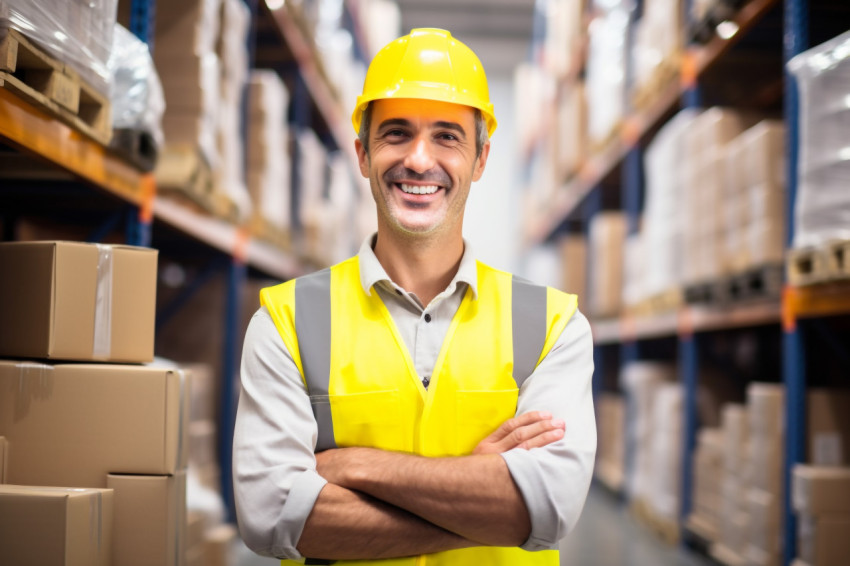 Smiling factory worker at work on blured background Smiling factory worker at work on blured background
