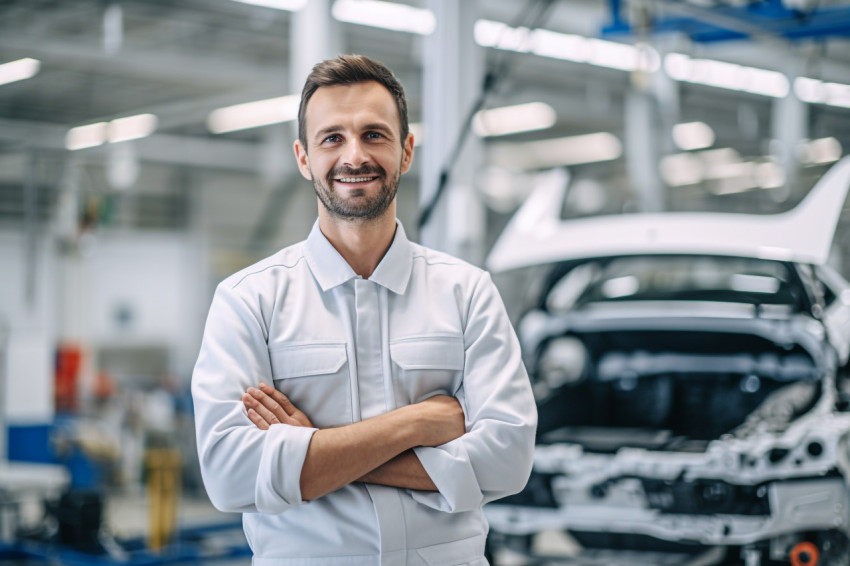Car factory engineer smiling at work on blured background Car factory engineer smiling at work on blured background