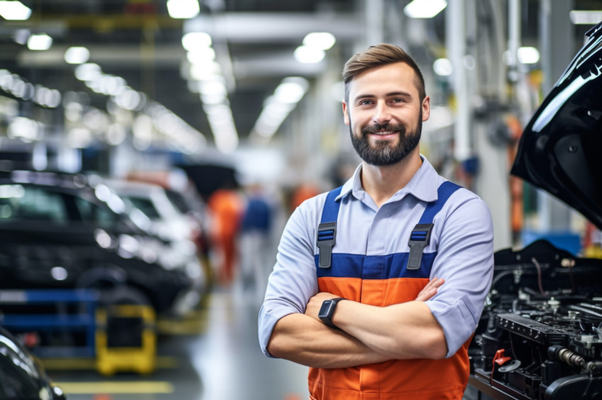 Car factory engineer smiling at work on blured background Car factory engineer smiling at work on blured background