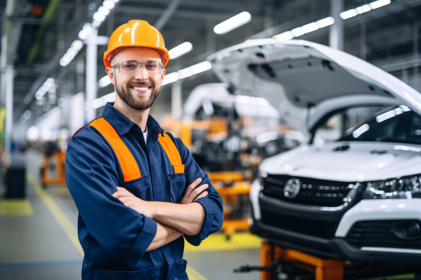 Car factory engineer smiling at work on blured background Car factory engineer smiling at work on blured background