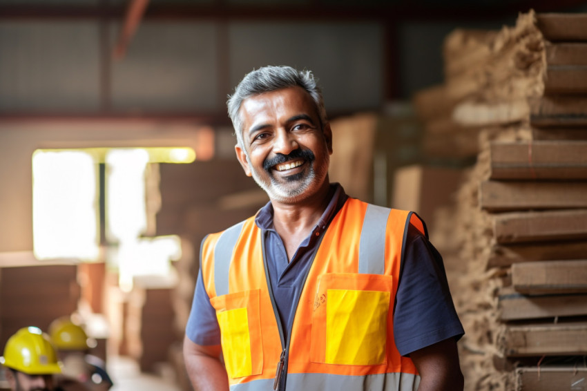 Indian construction worker smiling at work on blured background