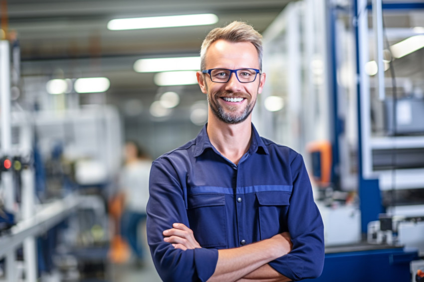 Automation engineer smiling at work on blurred background Automation engineer smiling at work on blurred background