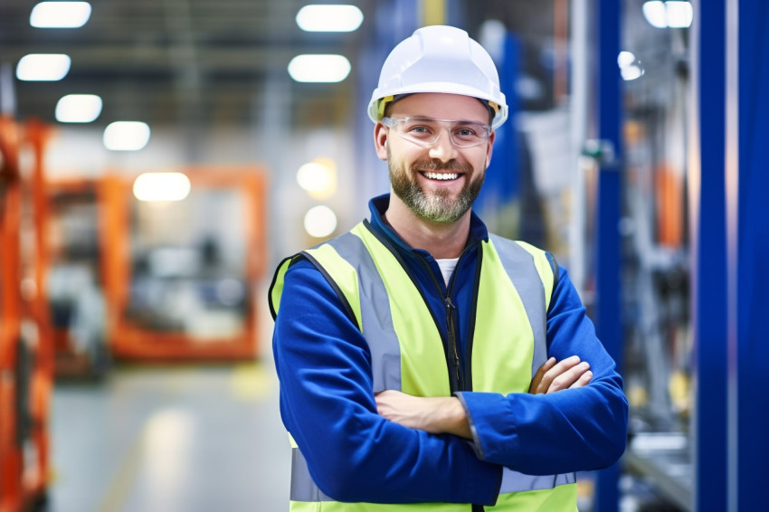 Automation engineer smiling at work on blurred background Automation engineer smiling at work on blurred background