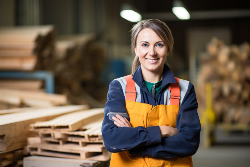 Smiling female machinist at work in factory on blured background Smiling female machinist at work in factory on blured background