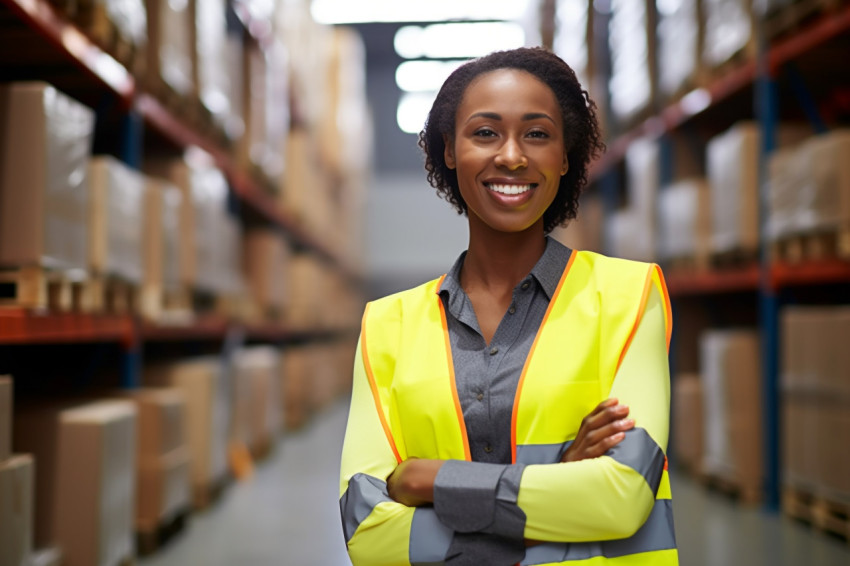 Smiling woman warehouse supervisor busy at work with blurred background Smiling woman warehouse supervisor busy at work with blurred background