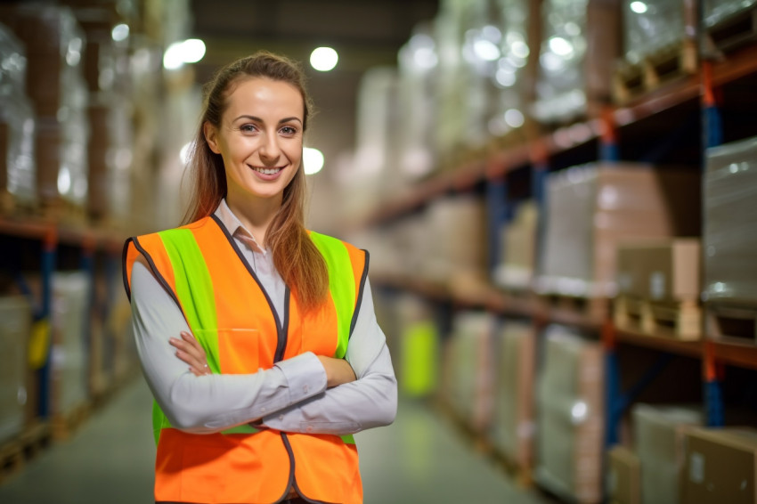 Smiling woman warehouse supervisor busy at work with blurred background Smiling woman warehouse supervisor busy at work with blurred background