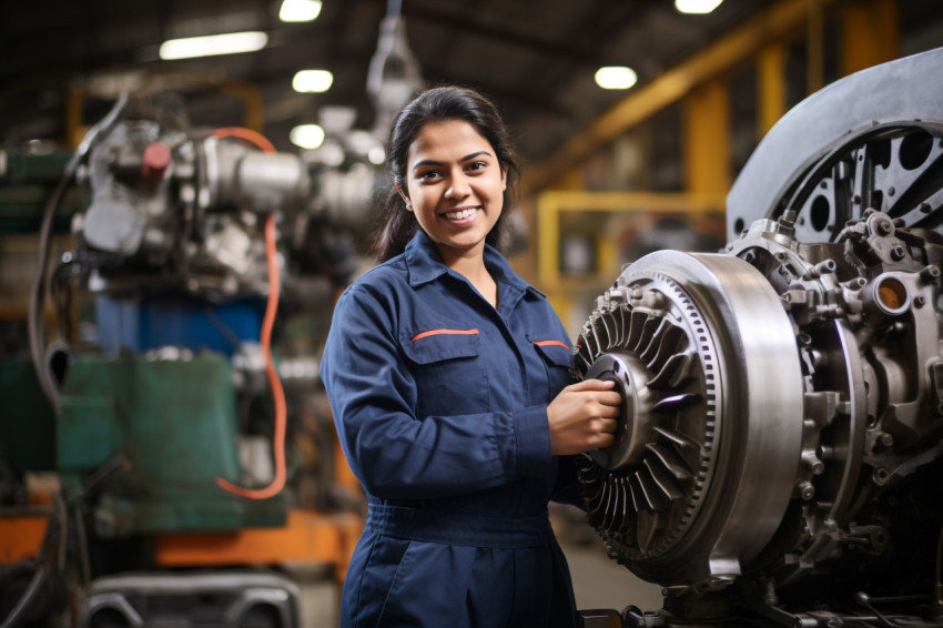 Indian female mechanical engineer working with a smile blurred background Indian female mechanical engineer working with a smile blurred background