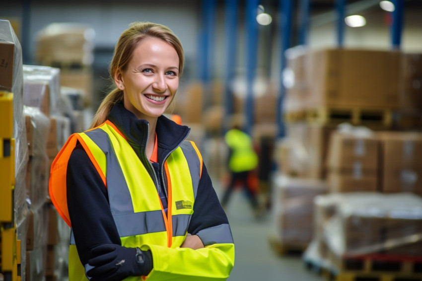 Smiling woman warehouse supervisor busy at work with blurred background Smiling woman warehouse supervisor busy at work with blurred background