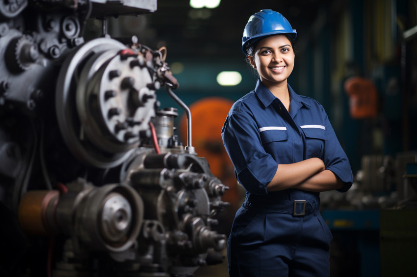 Indian female mechanical engineer working with a smile blurred background Indian female mechanical engineer working with a smile blurred background