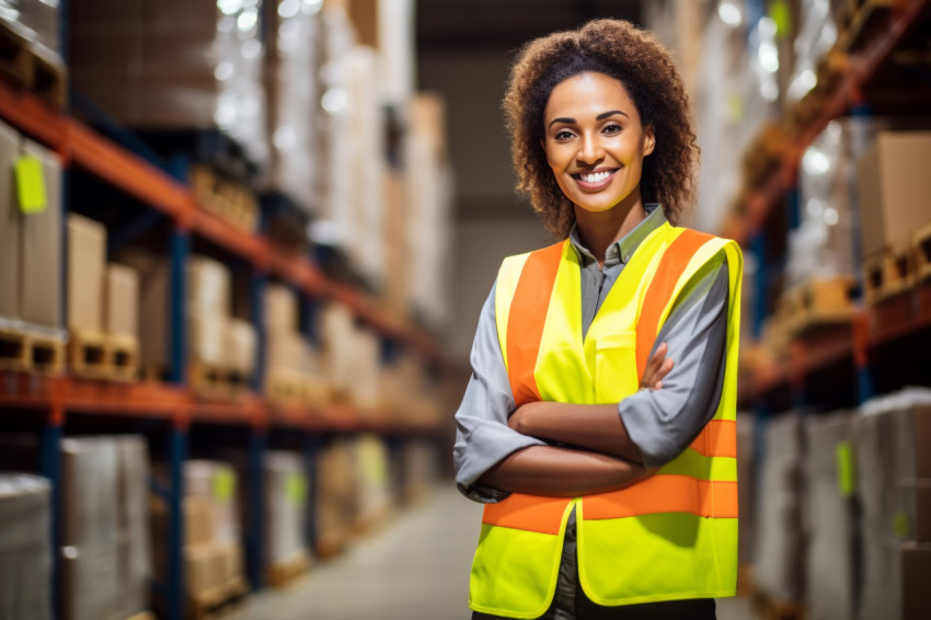 Smiling woman warehouse supervisor busy at work with blurred background Smiling woman warehouse supervisor busy at work with blurred background