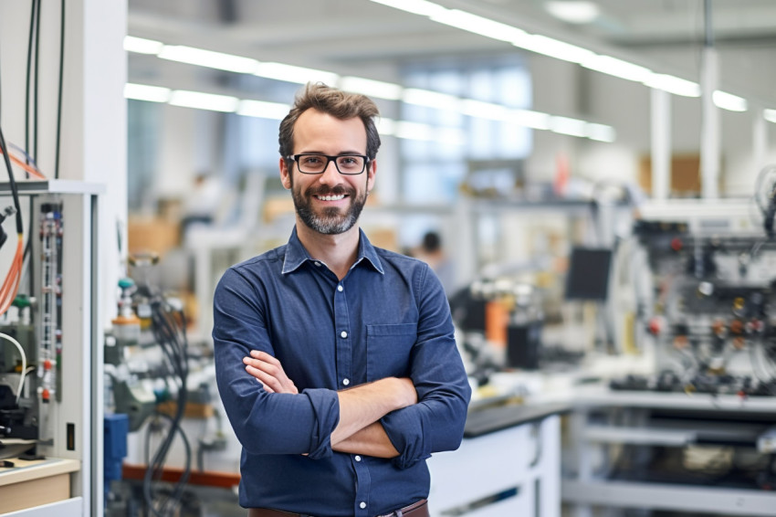 Automation engineer smiling at work on blurred background Automation engineer smiling at work on blurred background