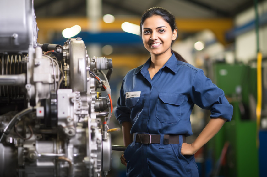 Indian female mechanical engineer working with a smile blurred background Indian female mechanical engineer working with a smile blurred background