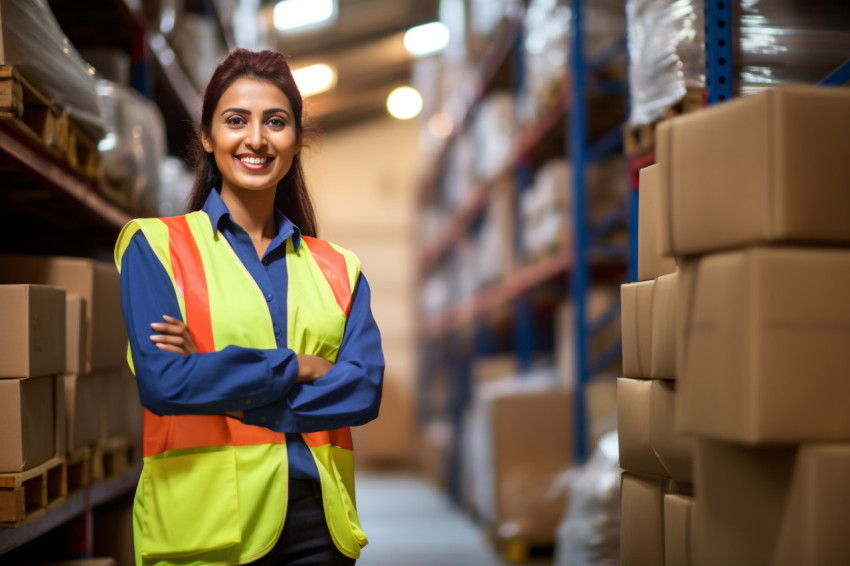 Indian woman warehouse worker smiling at work on blurred background Indian woman warehouse worker smiling at work on blurred background