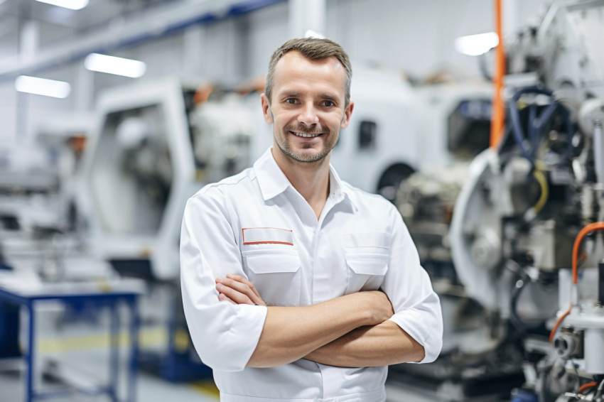 Friendly aerospace engineer working in a blurred factory background Friendly aerospace engineer working in a blurred factory background