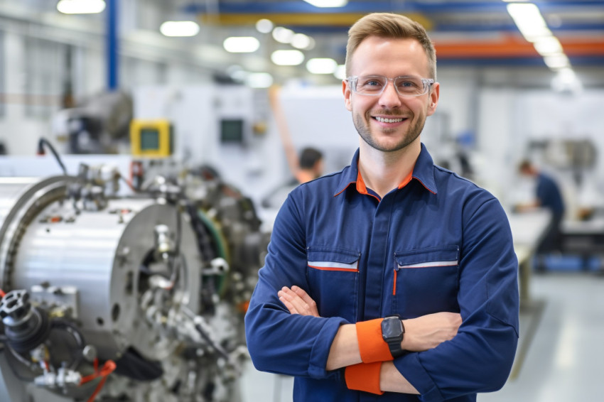 Friendly aerospace engineer working in a blurred factory background Friendly aerospace engineer working in a blurred factory background
