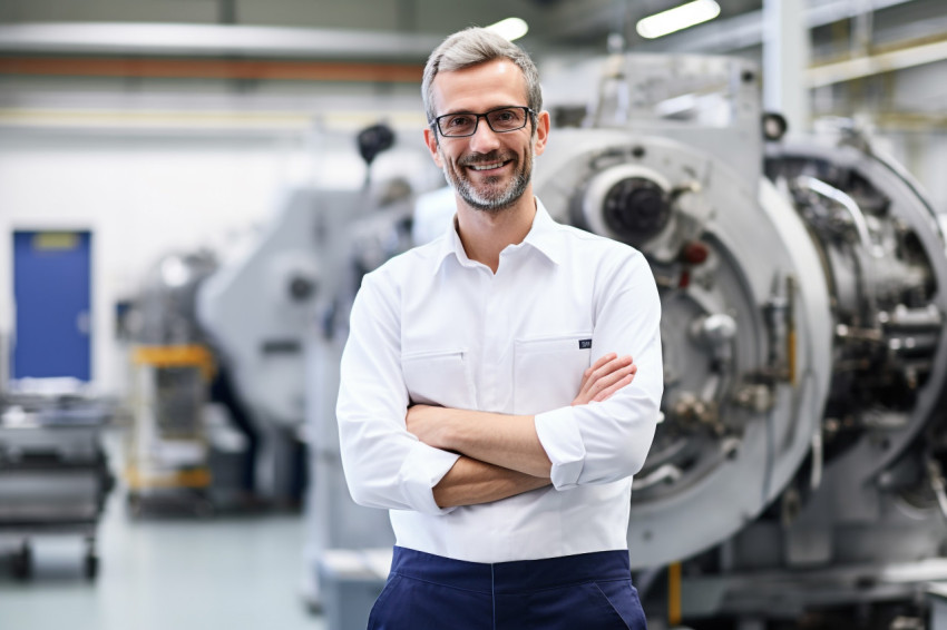 Friendly aerospace engineer working in a blurred factory background Friendly aerospace engineer working in a blurred factory background
