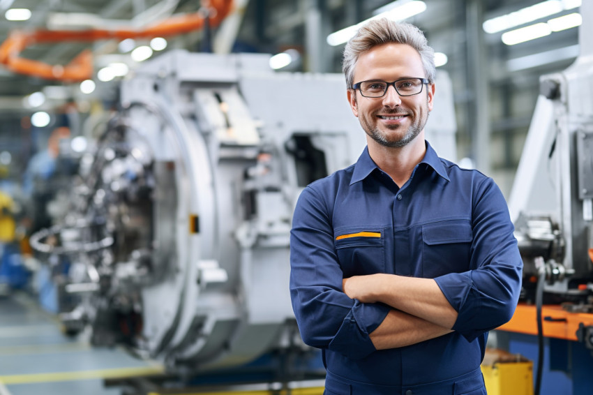 Friendly aerospace engineer working in a blurred factory background Friendly aerospace engineer working in a blurred factory background