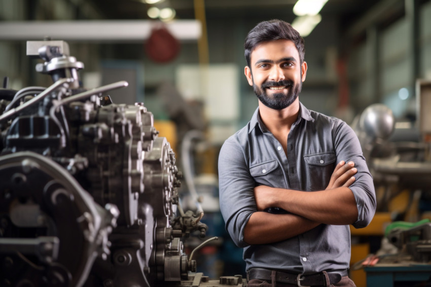 Smiling Indian male mechanical engineer at work on blured background Smiling Indian male mechanical engineer at work on blured background