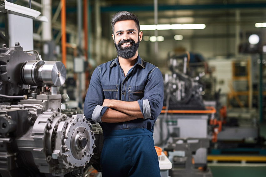 Smiling Indian male mechanical engineer at work on blured background Smiling Indian male mechanical engineer at work on blured background