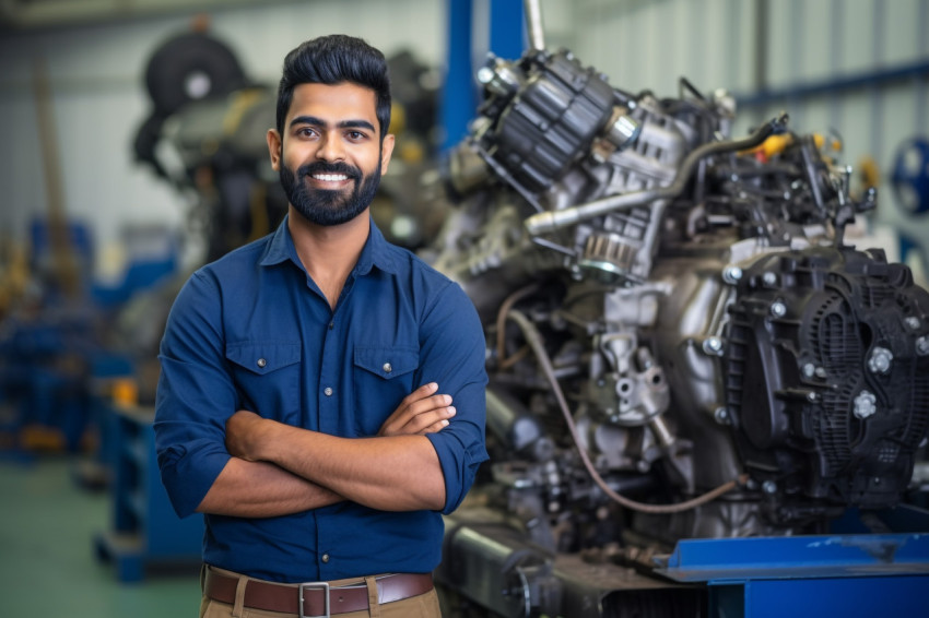 Smiling Indian male mechanical engineer at work on blured background Smiling Indian male mechanical engineer at work on blured background