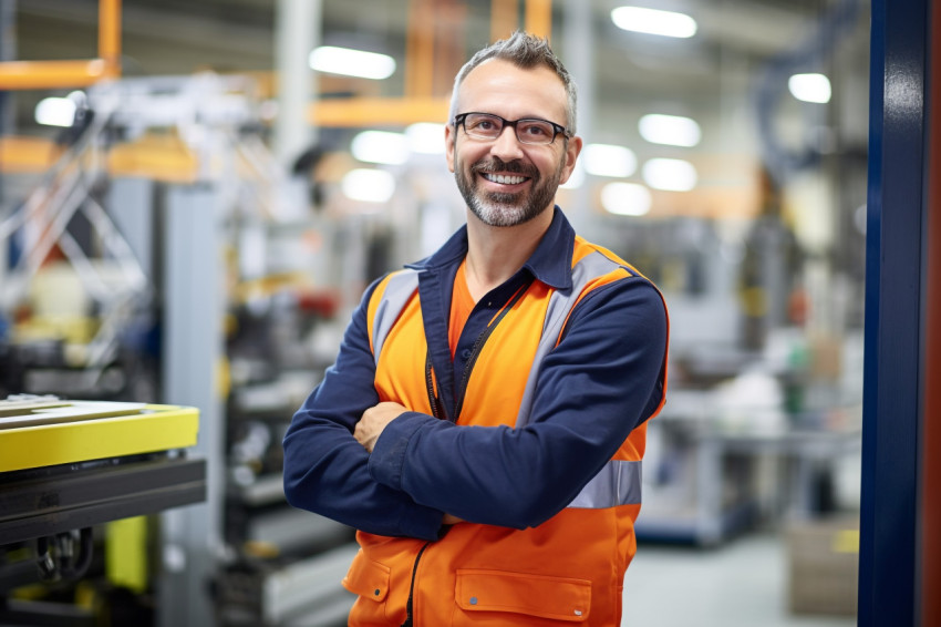 Smiling industrial engineer at work on blured background Smiling industrial engineer at work on blured background