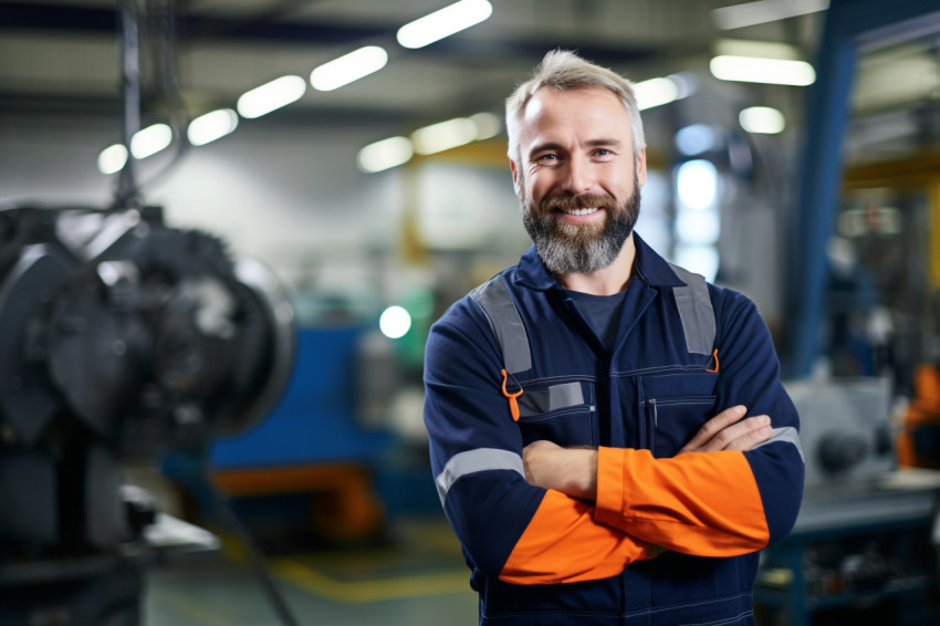 Smiling industrial engineer at work on blured background Smiling industrial engineer at work on blured background