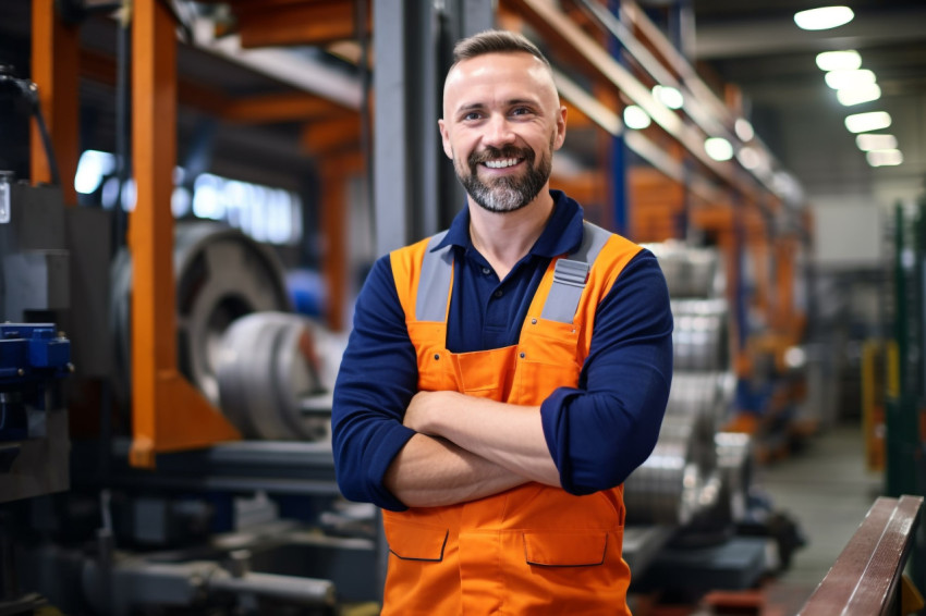 Smiling industrial engineer at work on blured background Smiling industrial engineer at work on blured background