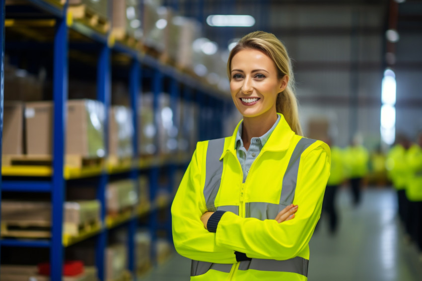 Happy female factory worker smiling on blurred background Happy female factory worker smiling on blurred background