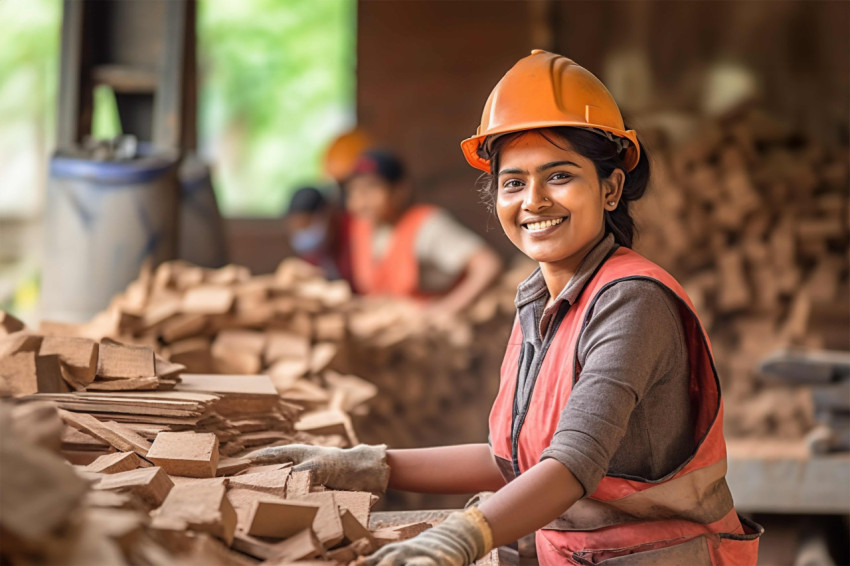 Indian woman foreman smiles at work on blurred background Indian woman foreman smiles at work on blurred background