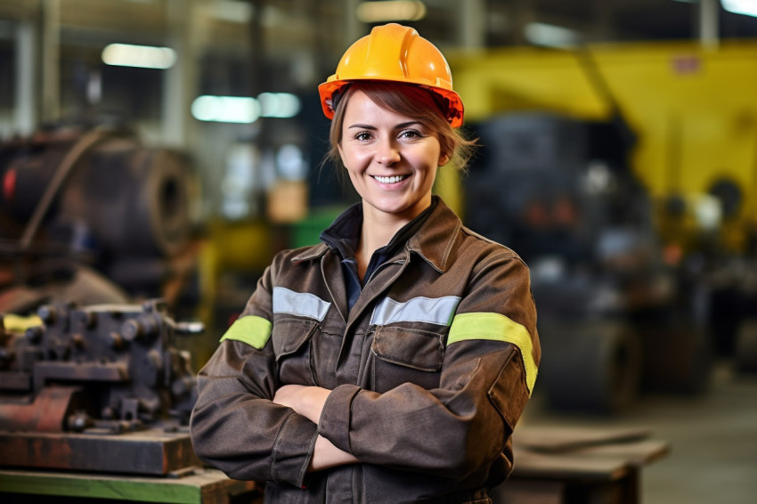 Smiling woman industrial worker at work on blurred background