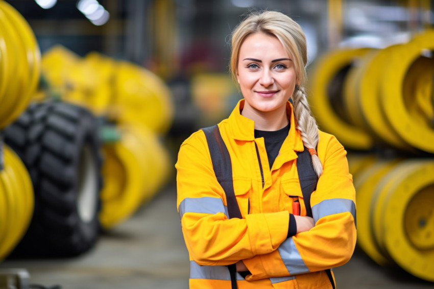 Smiling woman industrial worker at work on blurred background