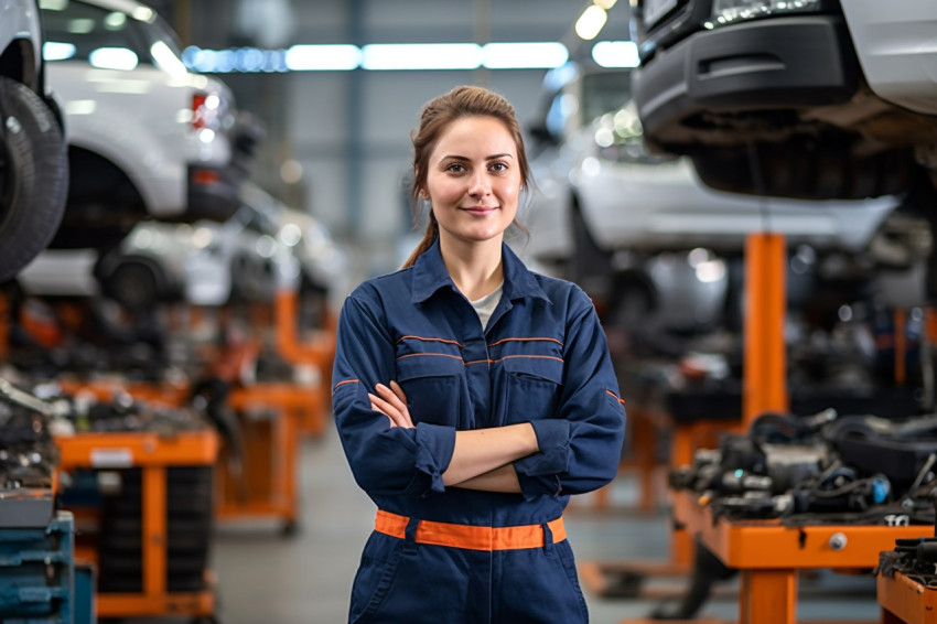 Female mechanic confidently working on a car in a garage on blured background Female mechanic confidently working on a car in a garage on blured background