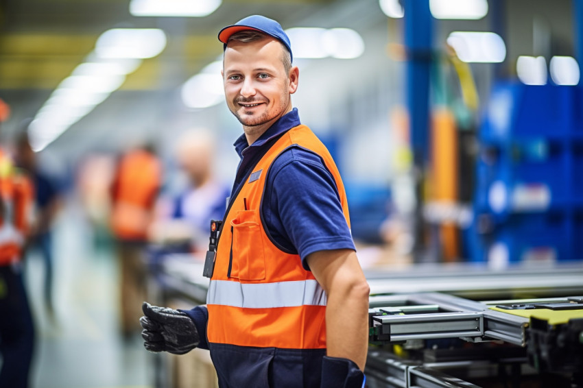 Confident assembly line worker at work on blurred background Confident assembly line worker at work on blurred background