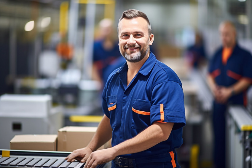 Confident assembly line worker at work on blurred background Confident assembly line worker at work on blurred background