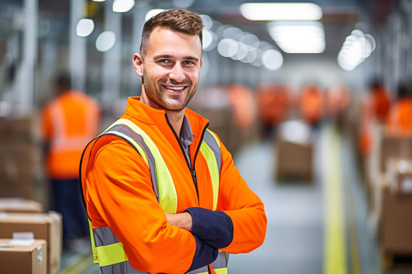 Confident assembly line worker at work on blurred background Confident assembly line worker at work on blurred background
