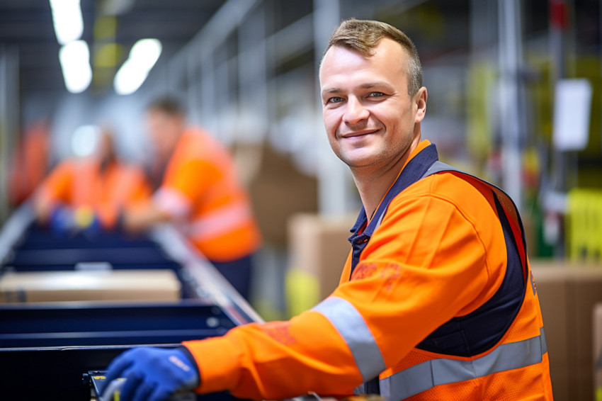 Confident assembly line worker at work on blurred background Confident assembly line worker at work on blurred background