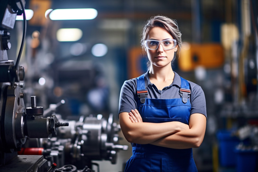 Confident female machinist in action on blurred background