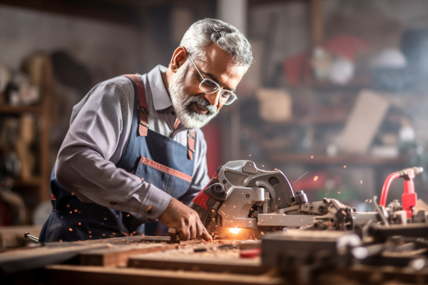 Hardworking Indian tool and die maker at work on blurred background Hardworking Indian tool and die maker at work on blurred background