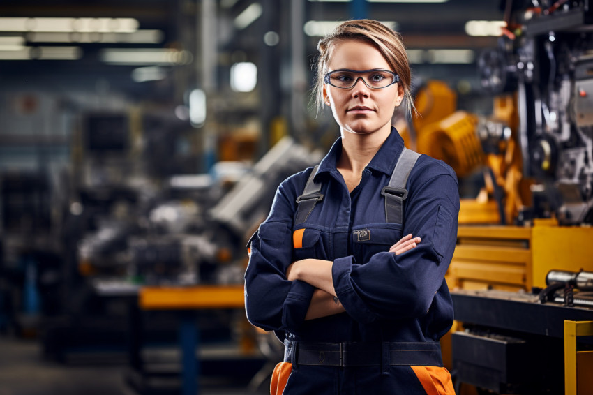 Confident female machinist in action on blurred background