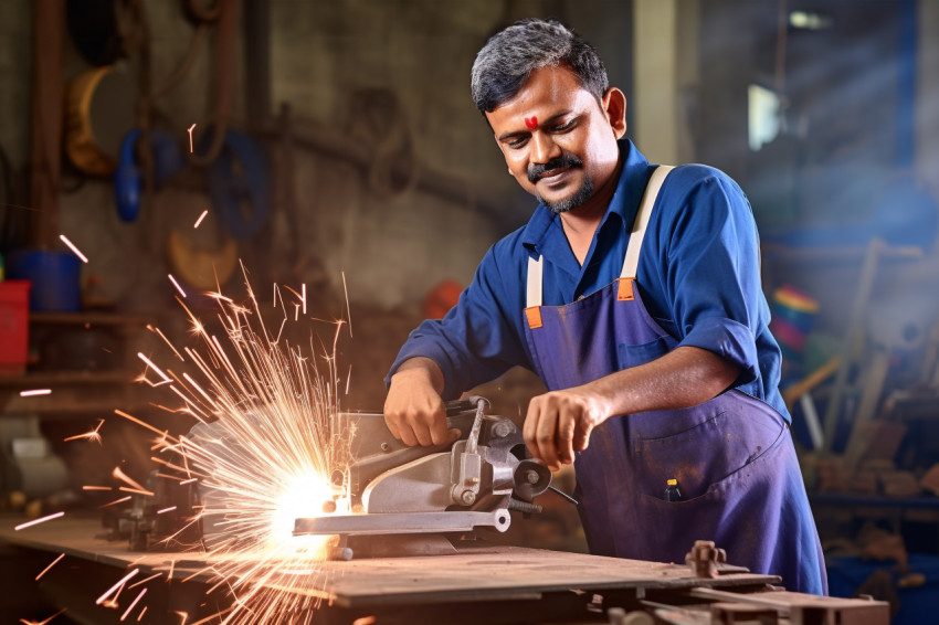 Hardworking Indian tool and die maker at work on blurred background Hardworking Indian tool and die maker at work on blurred background