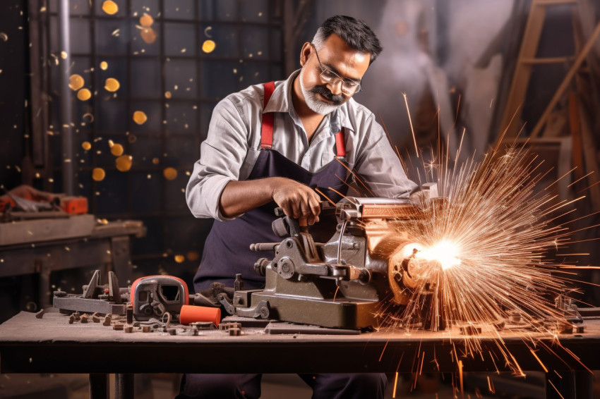 Hardworking Indian tool and die maker at work on blurred background Hardworking Indian tool and die maker at work on blurred background