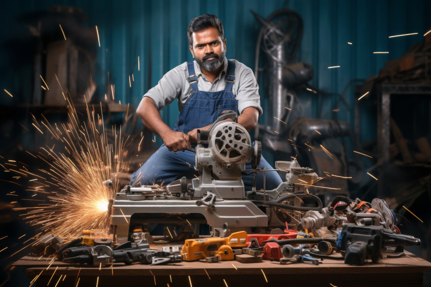 Hardworking Indian tool and die maker at work on blurred background Hardworking Indian tool and die maker at work on blurred background