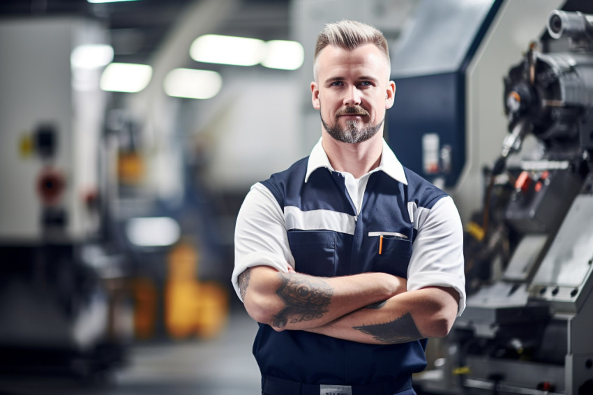 Confident machinist working on blurred background Confident machinist working on blurred background
